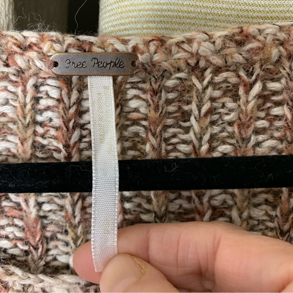 Free People Cable Knit Sweater Brown earth Tones Cotton Linen Casual Pullover XS - Picture 6 of 14